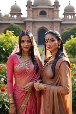 A photo of two beautiful soaking wet slimed Rajkumaries in a traditional Indian setting. Both of The wet Rajkumari is wearing different style wet  Rajasthani conservative bridal  saree with heavy embroidery paired with wet veils. They are standing in a lush garden with various flowers. The background contains a palace with intricate architecture and multiple domes. Their clothes, hair, skin are completely soaking wet.  Their hair, clothes, and skin are completely wet, slimed with transparent gunge and both of their wet clothes cling to their skin. .. Shampoo in hair. Soap flowing through clothes. brown eyes, small earring in right ear, very long eyelashes, sensual lips, provocative but conservative expression. They are completely doused in water and transparent slime. her hair is fully slimed and gunjed.

.The soft light illuminates the left side of the frame, casting a flattering glow on her serene expression.,Fetishwet,Wet,covered in oil,covered in mud,wam,wet clothes,pouring oil,wetlook,pouring oil, the girl is completely doused with transparent slimes, ((Wet clothes, wet skin, wet hair, slimed clothes, slimed hair, slimled skin)