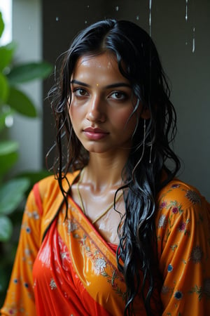 ((wet clothes, wet hair, wet face, wet skin, )), Raw photo of (18yo Kerala Beautiful young woman:1.1, (best quality, highres, ultra-detailed:1.2), This breathtaking photograph, shot on a Canon 1DX with a 50 mm f/2.8 lens, beautifully showcases the raw and authentic beauty of life. high resolution 8k image quality, vibrant colors, glowing dimond, glowing eyes, realistic Raw photo, realistic lighting, traditional wet  saree with embroidery design, wet full sleeve blouse with embroidery design, exotic beauty, mesmerizing eyes, girl ,Thrissur,Mallu,Saree,35mm photo.,Fetishwet,Wet,covered in oil,covered in mud,wam,wet clothes,wetlook, the girl is completely doused with transparent slimes,Wetfetish,Enhanced all