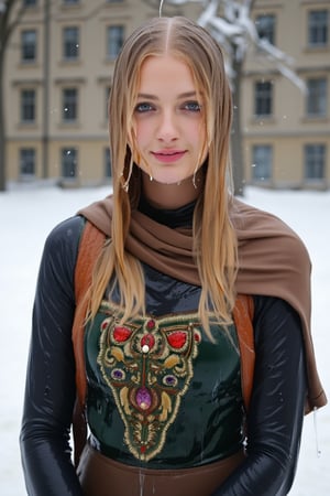 (wet clothes, wet hair, wet face, wet skin) ,

 Wet clothes. Wet hair, wet skin, slimy hair, slimy clothes


Captured at eye-level, a soaking wet blonde woman stands in a winter scene, her wet hair cascades over her shoulders. She is dressed in Wet traditional saree (embroidary design) is adorned with Colored gemstone paired with wet full sleeve bouse , a brown wet leather backpack, and wet black gloves. Her wet saree is adorned with a brown shawl, adding a touch of warmth to her wet outfit. The background is blurred, creating a stark contrast to the woman's wet outfit., 

4K, RAW, masterpiece, soakingwetclothes, high definition, luxury fashion photography, professional news studio atmosphere., Fetishwet,Enhanced all,Wetfetish