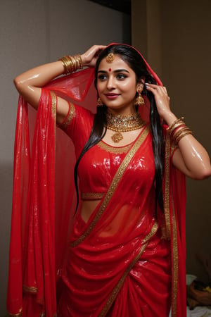 detailed soaking wet indian woman in her 20s wearing wet slimy indian bridal saree, bridal vail, and jewelery , detailed wet slimy red bridal saree, detailed gold jewelery , full body image . The soft light illuminates the left side of the frame, casting a flattering glow on her serene expression.,Fetishwet,Wet,covered in oil,covered in mud,wam,wet clothes,pouring oil,wetlook,pouring oil, the girl is completely doused with transparent slimes, 