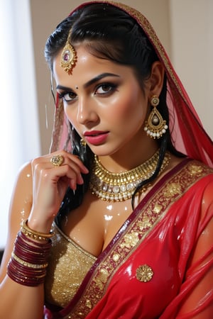 A wet soaked woman adorned in traditional very wet South Asian attire, possibly representing a bride or a bridesmaid. She is wearing a vibrant red saree with intricate gold embroidery and motifs. The saree is draped over her left shoulder, revealing a golden blouse underneath. She also wears a maroon bridal veil.which drpaed from her hair to her right shoulder. She is accessorized with a multi-layered necklace, large earrings, and multiple bangles on her right wrist. A maang tikka, a traditional headpiece, rests on her forehead. The background is soft and blurred, emphasizing the woman as the central focus. Wet clothes clinging on her, wetness visible. Their clothes, hair, skin are completely soaking wet.  Their hair, clothes, and skin are completely wet, slimed with transparent gunge and both of their wet clothes cling to their skin. .. Shampoo in hair. Soap flowing through clothes. brown eyes, small earring in right ear, very long eyelashes, sensual lips, provocative but conservative expression. They are completely doused in water and transparent slime. her hair is fully slimed and gunjed.

.The soft light illuminates the left side of the frame, casting a flattering glow on her serene expression.,Fetishwet,Wet,covered in oil,covered in mud,wam,wet clothes,pouring oil,wetlook,pouring oil, the girl is completely doused with transparent slimes, ((Wet clothes, wet skin, wet hair, slimed clothes, slimed hair, slimled skin),Enhanced all