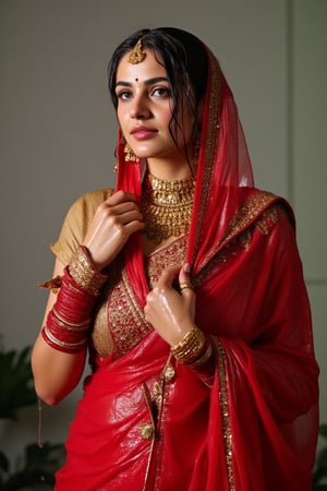 ((wet clothes, wet hair, wet face, wet skin, )), detailed soaking wet Norwegian woman in her 20s wearing wet slimy indian traditional bridal saree, traditional bridal vail, and jewelery , detailed wet slimy red traditional bridal saree, detailed gold jewelery , full body image . The soft light illuminates the left side of the frame, casting a flattering glow on her serene expression.,Fetishwet,Wet,covered in oil,covered in mud,wam,wet clothes,pouring oil,wetlook,pouring oil, the girl is completely doused with transparent slimes, 