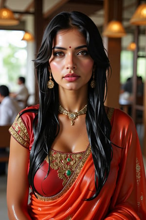 (wet clothes, wet hair, wet face, wet skin, wet curly hair) ,

 Wet clothes. Wet hair, wet skin, slimy hair, slimy clothes, wet saree


A hyperrealistic portrait of a beautiful  soaking wet Indian woman with long, wavy wet black hair in a coffee shop. The lady looks into the camera with a slightly open mouth and wears an Indian-style jeweled choker that hides her neck. She has striking brown almond-shaped eyes, framed by thick lashes, and radiant, flawless skin. Dressed in a wet soapy  silk saree with intricate gold embroidery, paired with a wet rich  blouse, she stands confidently in a poised fashion model stance. She also wears a matching shawl. She wears delicate gold jewelry and a traditional red bindi. The lighting is soft and natural, casting a warm glow and subtle shadows, enhancing her elegant attire. Shot in 8K, every detail is rendered with stunning clarity and depth.", "n": 1 award-winning photograph, by Boris Vallejo, Raphael, Caravaggio, Greg Rutkowski, Beeple, looking like Madhubala and Cleopatra. Beksinski, sun ray tracing, 8k, dslr, soft lighting, high quality, film grain, Fujifilm XT3 --ar 2:3 Negative Prompt: (long neck:2), (ugly face:0.8), cross-eyed, (worst quality:2), (low quality:2), (normal quality:2), lowres, normal quality, bad anatomy, tilted head, lowres, bad anatomy, bad hands, text, error, missing fingers, extra digit, fewer digits, missing fingers, missing arms, missing legs, extra digit, extra arms, low details, oversaturated, undersaturated, overexposed, underexposed, grayscale, bw, bad photo, bad photography, bad art:1.4), (watermark, signature, text font, username, error, logo, words, letters, digits, autograph, trademark

4K, RAW, masterpiece, soakingwetclothes, high definition, luxury fashion photography, professional news studio atmosphere., Fetishwet,Enhanced all,Wetfetish,covered in oil,covered in mud,wam,pouring oil,wetlook,pouring oil