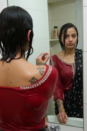 "Create an image featuring a tattooed, blonde-haired Caucasian wet women in her 20s with blue eyes and short hair, who has just stepped out of the shower. She is slightly out of focus in the background. In the foreground, her beautiful soaking wet Japanese girlfriend is completely in focus, looking at her reflection in a fogged-up mirror. She has a slender frame and shoulder-length wet black hair styled in a bob cut with side-parted bangs. She is wearing wet black saree with white traditional embroidary design, full sleeve red bouse with pattened design, her wet hair clinging to her neck, while the man's reflection is visible in the misty mirror behind her.",Wet,covered in oil,covered in mud,wam,wet clothes,pouring oil,wetlook,pouring oil,Fetishwet