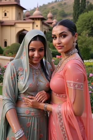 A photo of two beautiful soaking wet slimed Rajkumaries in a traditional Indian setting. Both of The wet Rajkumari is wearing different style wet  Rajasthani conservative bridal  saree with heavy embroidery paired with wet veils. They are standing in a lush garden with various flowers. The background contains a palace with intricate architecture and multiple domes. Their clothes, hair, skin are completely soaking wet.  Their hair, clothes, and skin are completely wet, slimed with transparent gunge and both of their wet clothes cling to their skin. .. Shampoo in hair. Soap flowing through clothes. brown eyes, small earring in right ear, very long eyelashes, sensual lips, provocative but conservative expression. They are completely doused in water and transparent slime. her hair is fully slimed and gunjed.

.The soft light illuminates the left side of the frame, casting a flattering glow on her serene expression.,Fetishwet,Wet,covered in oil,covered in mud,wam,wet clothes,pouring oil,wetlook,pouring oil, the girl is completely doused with transparent slimes, ((Wet clothes, wet skin, wet hair, slimed clothes, slimed hair, slimled skin)