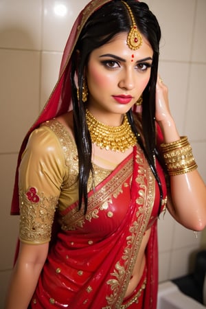 A wet soaked woman adorned in traditional very wet South Asian attire, possibly representing a bride or a bridesmaid. She is wearing a vibrant red saree with intricate gold embroidery and motifs. The saree is draped over her left shoulder, revealing a golden blouse underneath. She also wears a maroon bridal veil, which covers her right shoulder. She is accessorized with a multi-layered necklace, large earrings, and multiple bangles on her right wrist. A maang tikka, a traditional headpiece, rests on her forehead. The background is soft and blurred, emphasizing the woman as the central focus. Wet clothes clinging on her, wetness visible. Their clothes, hair, skin are completely soaking wet.  Their hair, clothes, and skin are completely wet, slimed with transparent gunge and both of their wet clothes cling to their skin. .. Shampoo in hair. Soap flowing through clothes. brown eyes, small earring in right ear, very long eyelashes, sensual lips, provocative but conservative expression. They are completely doused in water and transparent slime. her hair is fully slimed and gunjed.

.The soft light illuminates the left side of the frame, casting a flattering glow on her serene expression.,Fetishwet,Wet,covered in oil,covered in mud,wam,wet clothes,pouring oil,wetlook,pouring oil, the girl is completely doused with transparent slimes, ((Wet clothes, wet skin, wet hair, slimed clothes, slimed hair, slimled skin),Enhanced all