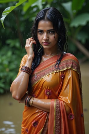 ((wet clothes, wet hair, wet face, wet skin, )), Raw photo of (18yo Kerala Beautiful young woman:1.1, (best quality, highres, ultra-detailed:1.2), This breathtaking photograph, shot on a Canon 1DX with a 50 mm f/2.8 lens, beautifully showcases the raw and authentic beauty of life. high resolution 8k image quality, vibrant colors, glowing dimond, glowing eyes, realistic Raw photo, realistic lighting, traditional wet  saree with embroidery design, wet full sleeve blouse with embroidery design, exotic beauty, mesmerizing eyes, girl ,Thrissur,Mallu,Saree,35mm photo.,Fetishwet,Wet,covered in oil,covered in mud,wam,wet clothes,wetlook, the girl is completely doused with transparent slimes,Wetfetish,Enhanced all