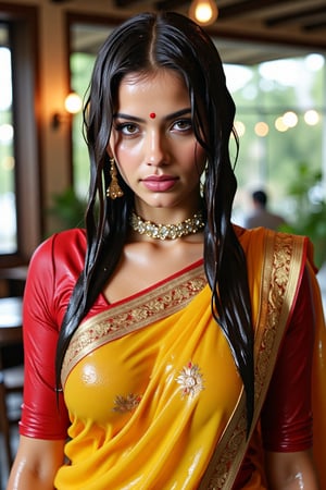 (wet clothes, wet hair, wet face, wet skin, wet curly hair) ,

 Wet clothes. Wet hair, wet skin, slimy hair, slimy clothes, wet saree


A hyperrealistic portrait of a beautiful  soaking wet Indian woman with long, wavy wet black hair in a coffee shop. The lady looks into the camera with a slightly open mouth and wears an Indian-style jeweled choker that hides her neck. She has striking brown almond-shaped eyes, framed by thick lashes, and radiant, flawless skin. Dressed in a wet soapy mustard-yellow silk saree with intricate gold embroidery, paired with a wet rich red blouse, she stands confidently in a poised fashion model stance. She also wears a matching shawl. She wears delicate gold jewelry and a traditional red bindi. The lighting is soft and natural, casting a warm glow and subtle shadows, enhancing her elegant attire. Shot in 8K, every detail is rendered with stunning clarity and depth.", "n": 1 award-winning photograph, by Boris Vallejo, Raphael, Caravaggio, Greg Rutkowski, Beeple, looking like Madhubala and Cleopatra. Beksinski, sun ray tracing, 8k, dslr, soft lighting, high quality, film grain, Fujifilm XT3 --ar 2:3 Negative Prompt: (long neck:2), (ugly face:0.8), cross-eyed, (worst quality:2), (low quality:2), (normal quality:2), lowres, normal quality, bad anatomy, tilted head, lowres, bad anatomy, bad hands, text, error, missing fingers, extra digit, fewer digits, missing fingers, missing arms, missing legs, extra digit, extra arms, low details, oversaturated, undersaturated, overexposed, underexposed, grayscale, bw, bad photo, bad photography, bad art:1.4), (watermark, signature, text font, username, error, logo, words, letters, digits, autograph, trademark

4K, RAW, masterpiece, soakingwetclothes, high definition, luxury fashion photography, professional news studio atmosphere., Fetishwet,Enhanced all,Wetfetish,covered in oil,covered in mud,wam,pouring oil,wetlook,pouring oil