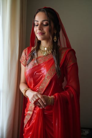 ((wet clothes, wet hair, wet face, wet skin, )), detailed soaking wet Norwegian woman in her 20s wearing wet slimy indian traditional bridal saree, traditional bridal vail, and jewelery , detailed wet slimy red traditional bridal saree, detailed gold jewelery , full body image . The soft light illuminates the left side of the frame, casting a flattering glow on her serene expression.,Fetishwet,Wet,covered in oil,covered in mud,wam,wet clothes,pouring oil,wetlook,pouring oil, the girl is completely doused with transparent slimes,Wetfetish