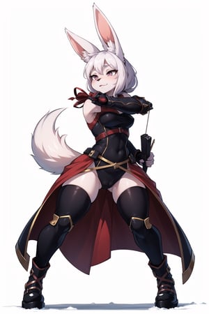 (furry), anthro, best quality, expressive eyes, perfect face, furry, Design a cute, female bunny assassin character with a sleek, agile body covered in soft, snow-white fur. She has large, expressive eyes and long, fluffy ears that give her an innocent appearance, contrasting with her stealthy nature. Her attire is a blend of practical and adorable, featuring a snug, dark-colored outfit with hidden pockets for her small weapons and gadgets, accented by a subtle, pink bow. She carries lightweight daggers and a compact crossbow, perfect for quick, silent takedowns. Playful yet deadly, she combines her swift, nimble movements with exceptional precision and agility. Her personality is a mix of charming and cunning, allowing her to blend in and gather intelligence with ease. She operates from the shadows of a bustling, medieval city, using her cute appearance to her advantage while completing her secretive missions with unparalleled skill, full body, character_design, ((white background)), standing, full body, solo,bodyconc