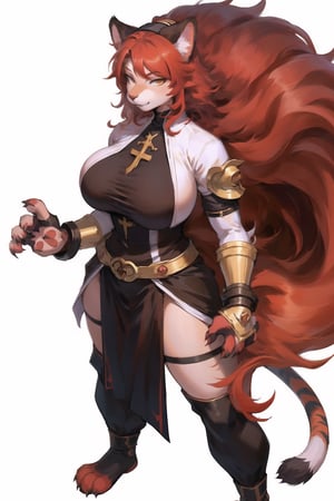 solo furry, (((furry))),  anthrofur, tiger anhtro, full_body, white_background, big_boobies, human , standing,  (bang hair), sister cruch, anime_hair, cat tail, character_design, character_sheet,  split hair in two , FurryCore, fully_dressed, battle nun, ((Big paw cat gauntlet)), ((red hair)), 