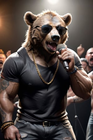 wild,bear,singing with a microphone ,party,wearing a black t-shirt,put on sunglasses,gang,rapper,tattoo,muscular