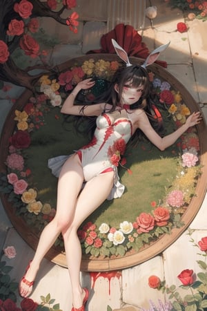 rabbit,surrounded by roses,lying down,round frame,wild,covered in blood