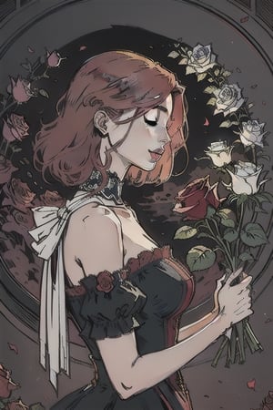 red hair,one girl,profile,beautiful,surrounded by roses,closed my eyes,Mucha painting,noble clothes,lots of roses
