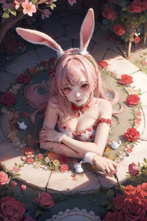 bunny_rabbit,surrounded by roses,lying down,round frame,wild,covered in blood