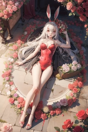 bunny_rabbit,surrounded by roses,bloody,lying down,round frame
