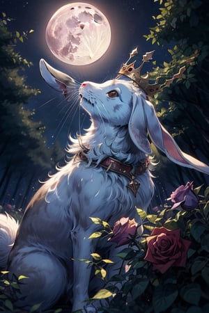 rabbit,king,divine,full moon night,rose garden,wore a crown,looked up at the sky,small body,in the forest,wild