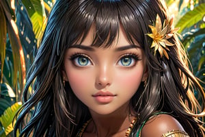 ((top quality)),  ((masterpiece)), girl of Amazonian ethnicity, with a childish face with a shy look, long dark hair with bangs, dark skin,  intricate details, cinematic image, very detailed eyes, very detailed mouth, illuminated by soft light,