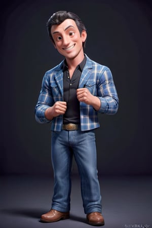 
The cute and adorable film and TV actor Silvester Stallone smiling at the public and wearing a plaid rancher suit as a cowboy, 3D cartoon character. hyperrealism, photorealism, beautiful, complex, incredibly detailed photographs. very real image of silvester stallone