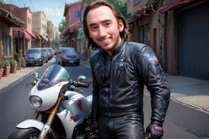 
The cute, adorable and charismatic movie actor Nicolas Cage smiling at the audience and wearing a biker suit, standing next to a high-end motorcycle, 3D cartoon character. hyperrealism, photorealism, beautiful, complex, incredibly detailed photographs. very real image of Nicolas Cage