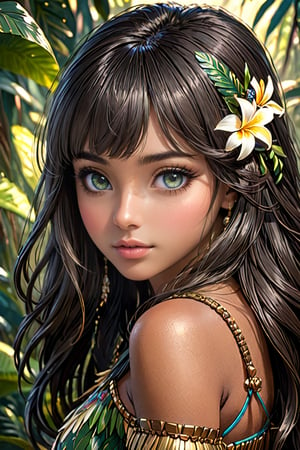 ((top quality)),  ((masterpiece)), girl of Amazonian ethnicity, with a childish face with a shy look, long dark hair with bangs, dark skin,  intricate details, cinematic image, very detailed eyes, very detailed mouth, illuminated by soft light,