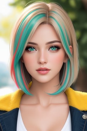 Chica hermosa, con cabello de colores, ojos asules, entorno verde, ultraHD, 