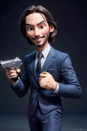 
The cute, adorable and charismatic film actor Keanu Reeves smiling at the public and wearing a dark blue suit, shooting a 38 millimeter gun, with some beard, 3D cartoon character. hyperrealism, photorealism, beautiful, complex, incredibly detailed photographs. very real image of Keanu Reeves