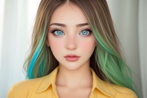 Chica hermosa, con cabello de colores, ojos asules, entorno verde, ultraHD, 