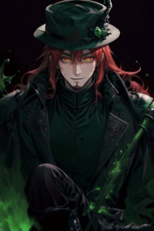 A portrait of a handsome man in slick collared red armored trenchcoat , wearing a red fedora, neck-length wavy hair , 25 years old of age , full beard , white background with green paint splash, evil face smile expression, red eyes , wearing a thin black turtleneck , reddish hair,The Dark Huntsman ,black steel cane , halberd on the back , blend, bright eyes , green fire , black boots , black gloves , 