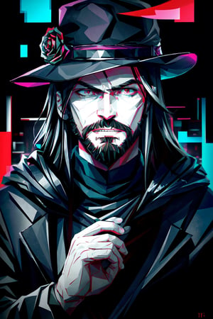 (masterpiece),a portrait of a handsome man , he is facing front, long wavy black hair , red eyes, thin beard, turtleneck , slick collared trench coats ,wearing black glove , wearing a black fedora , 25 years old of age, evil smile face expression ,bokeh , depth_of_field , glitching ,low ploy, red green purple cyan pink main color , 
 this image evokes a sense of depth and modernity, accentuated by the deliberate inclusion of digital noise and glitch elements, giving it a unique and dynamic quality. The images are of exceptional quality, with vibrant colors and intricate textures that capture the viewer's attention), Detailed Textures, high quality, high resolution, high Accuracy, realism, color correction, Proper lighting settings, harmonious composition, Behance works, Glitching, low ploy , hand below the chin , 