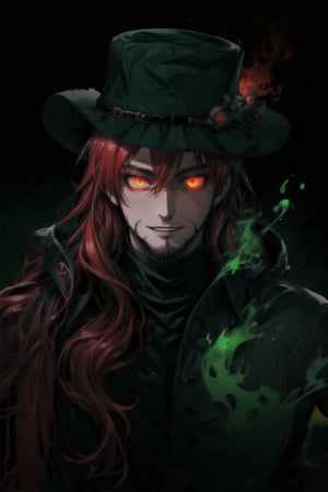 A portrait of a handsome man in slick collared red armored trenchcoat , wearing a red fedora, neck-length wavy hair , 25 years old of age , full beard , white background with green paint splash, evil face smile expression, red eyes , wearing a thin black turtleneck , reddish hair,The Dark Huntsman ,black steel cane , halberd on the back , blend, bright eyes , green fire , black boots , black gloves , pyromancer ,