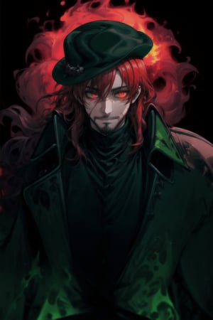 A portrait of a handsome man in slick collared red armored trenchcoat , wearing a red fedora, neck-length wavy hair , 25 years old of age , full beard , white background with green paint splash, evil face smile expression, red eyes , wearing a thin black turtleneck , reddish hair,The Dark Huntsman ,black steel cane , halberd on the back , blend, bright eyes , green fire ,wearing black boots and black gloves , pyromancer ,