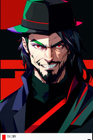 (masterpiece),he is facing front, long wavy black hair , red eyes, thin beard, turtleneck , slick collared trench coats ,wearing black glove , black fedora , 25 years old of age, evil smile face expression ,bokeh , left side of his face glitched , depth_of_field , glitching ,low ploy, red green purple main color , half of the face got glitched , 