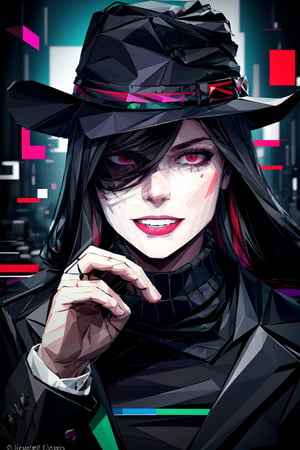 (masterpiece),a portrait of a handsome man  , wavy neck-length black hair , red eyes, thin beard, turtleneck , slick collared trench coats ,wearing black glove , wearing a black fedora , 25 years old of age, evil smile face expression ,bokeh , depth_of_field , glitching ,low ploy, red green purple cyan pink main color , 
 this image evokes a sense of depth and modernity, accentuated by the deliberate inclusion of digital noise and glitch elements, giving it a unique and dynamic quality. The images are of exceptional quality, with vibrant colors and intricate textures that capture the viewer's attention), Detailed Textures, high quality, high resolution, high Accuracy, realism, color correction, Proper lighting settings, harmonious composition, Behance works, Glitching, low ploy , glitch around the face, facing sideways , ,Pixel art