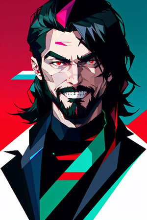(masterpiece),he is facing front, long wavy black hair , red eyes, thin beard, turtleneck , slick collared trench coats ,wearing black glove , black fedora , 25 years old of age, evil smile face expression ,bokeh , left side of his face glitched , depth_of_field , glitching ,low ploy, red green purple cyan pink main color , half of the face got glitched , 