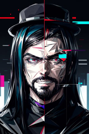 (masterpiece),a portrait of a handsome man , he is facing front, long wavy black hair , red eyes, thin beard, turtleneck , slick collared trench coats ,wearing black glove , wearing a black fedora , 25 years old of age, evil smile face expression ,bokeh , depth_of_field , glitching ,low ploy, red green purple cyan pink main color , 
 this image evokes a sense of depth and modernity, accentuated by the deliberate inclusion of digital noise and glitch elements, giving it a unique and dynamic quality. The images are of exceptional quality, with vibrant colors and intricate textures that capture the viewer's attention), Detailed Textures, high quality, high resolution, high Accuracy, realism, color correction, Proper lighting settings, harmonious composition, Behance works, Glitching, low ploy , 