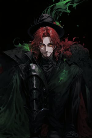 A portrait of a handsome man in slick collared red armored trenchcoat , wearing a red fedora, neck-length wavy hair , 25 years old of age , full beard , white background with green paint splash, evil face smile expression, red eyes , wearing a thin black turtleneck , reddish hair,The Dark Huntsman ,black steel cane , halberd on the back , blend, bright eyes , green fire , black boots , black gloves , pyromancer ,