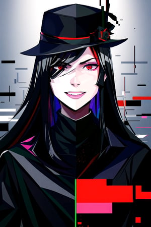 (masterpiece),a portrait of a handsome man  , wavy neck-length black hair , red eyes, thin beard, turtleneck , slick collared trench coats ,wearing black glove , wearing a black fedora , 25 years old of age, evil smile face expression ,bokeh , depth_of_field , glitching ,low ploy, red green purple cyan pink main color , 
 this image evokes a sense of depth and modernity, accentuated by the deliberate inclusion of digital noise and glitch elements, giving it a unique and dynamic quality. The images are of exceptional quality, with vibrant colors and intricate textures that capture the viewer's attention), Detailed Textures, high quality, high resolution, high Accuracy, realism, color correction, Proper lighting settings, harmonious composition, Behance works, Glitching, low ploy , glitch around the face, facing sideways , 