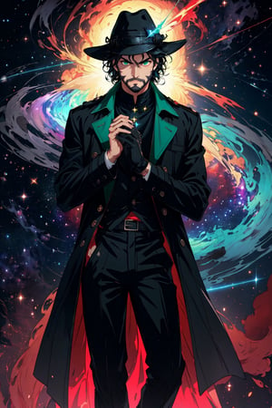 (masterpiece),neck-length wavy black hair, , light green eyes, thin beard, turtleneck , slick collared trench coats with stars within it, black glove , black fedora , 25 years old of age, black anklepants, serious face expression , starlight coming out of his hands ,  Interstellar, nebula lounge , vivid, cinematic lighting 