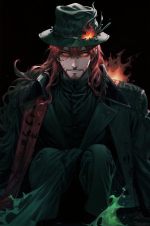 A portrait of a handsome man in slick collared red armored trenchcoat , wearing a red fedora, neck-length wavy hair , 25 years old of age , full beard , white background with green paint splash, evil face smile expression, red eyes , wearing a thin black turtleneck , reddish hair,The Dark Huntsman ,black steel cane , halberd on the back , blend, bright eyes , green fire , black boots , black gloves , pyromancer ,