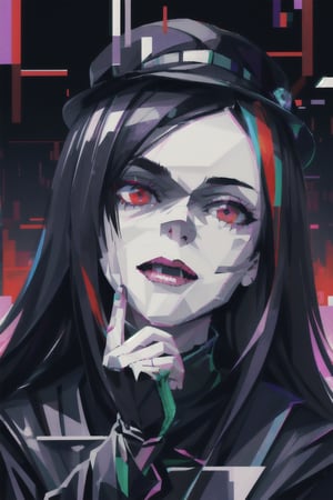 (masterpiece),a portrait of a handsome man  , wavy neck-length black hair , red eyes, thin beard, turtleneck , slick collared trench coats ,wearing black glove , wearing a black fedora , 25 years old of age, evil smile face expression ,bokeh , depth_of_field , glitching ,low ploy, red green purple cyan pink main color , 
 this image evokes a sense of depth and modernity, accentuated by the deliberate inclusion of digital noise and glitch elements, giving it a unique and dynamic quality. The images are of exceptional quality, with vibrant colors and intricate textures that capture the viewer's attention), Detailed Textures, high quality, high resolution, high Accuracy, realism, color correction, Proper lighting settings, harmonious composition, Behance works, Glitching, low ploy , glitch around the face, facing sideways , 