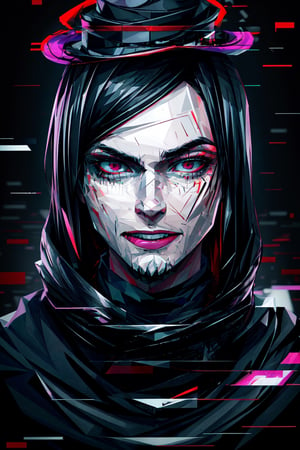 (masterpiece),a portrait of a handsome man , wavy neck-length black hair , red eyes, thin beard, turtleneck , slick collared trench coats ,wearing black glove , wearing a black fedora , 25 years old of age, evil smile face expression ,bokeh , depth_of_field , glitching ,low ploy, red green purple cyan pink main color , 
 this image evokes a sense of depth and modernity, accentuated by the deliberate inclusion of digital noise and glitch elements, giving it a unique and dynamic quality. The images are of exceptional quality, with vibrant colors and intricate textures that capture the viewer's attention), Detailed Textures, high quality, high resolution, high Accuracy, realism, color correction, Proper lighting settings, harmonious composition, Behance works, Glitching, low ploy , glitch around the face,