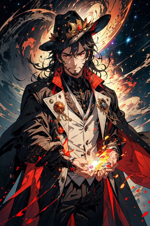 (masterpiece), long wavy black hair , red eyes, thin beard, turtleneck , slick collared trench coats with galaxies within it, black glove , black fedora , 25 years old of age, serious face expression , starlight coming out of his hands ,  Interstellar, nebula lounge , vivid, cinematic lighting , flying in the space , galaxies inside his coat tails , he controls the power of starts and galaxies with him , several planets and galaxy in the backgrounds , bokeh , depth_of_field ,