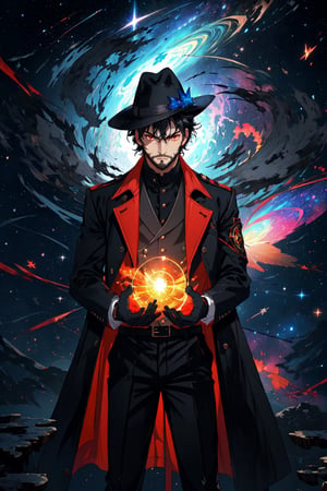 (masterpiece),neck-length wavy black hair, , red eyes, thin beard, turtleneck , slick collared trench coats with stars within it, black glove , black fedora , 25 years old of age, black anklepants, serious face expression , starlight coming out of his hands ,  Interstellar, nebula lounge , vivid, cinematic lighting 