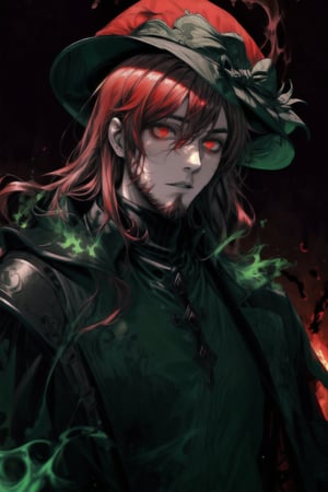 A portrait of a handsome man in slick collared red armored trenchcoat , wearing a red fedora, neck-length wavy hair , 25 years old of age , full beard , white background with green paint splash, evil face expression, red eyes , wearing a thin black turtleneck , reddish hair,The Dark Huntsman ,black steel cane , halberd on the back , blend, bright eyes , green fire ,wearing black gloves , pyromancer , crimson moon in the background 