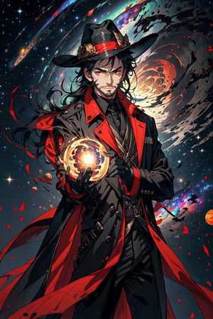 (masterpiece), long wavy black hair , red eyes, thin beard, turtleneck , slick collared trench coats with galaxies within it, black glove , black fedora , 25 years old of age, serious face expression , starlight coming out of his hands ,  Interstellar, nebula lounge , vivid, cinematic lighting , flying in the space , galaxies inside his coat tails , he controls the power of starts and galaxies with him , several planets and galaxy in the backgrounds , bokeh , depth_of_field ,