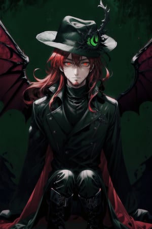 A portrait of a handsome man in slick collared red armored trenchcoat have a pair of black colored wings , wearing a red fedora, neck-length wavy hair , 25 years old of age , full beard , white background with green paint splash, evil face expression, red eyes , wearing a thin black turtleneck , reddish hair,The Dark Huntsman ,black steel cane , halberd on the back , blend, bright eyes , green fire , black boots , black gloves , 