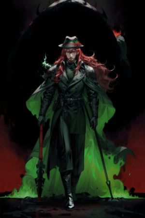 A portrait of a handsome man in slick collared red armored trenchcoat , wearing a red fedora, neck-length wavy hair , 25 years old of age , full beard , white background with green paint splash, evil face expression, red eyes , wearing a thin black turtleneck , reddish hair,The Dark Huntsman ,black steel cane , halberd on the back , blend, bright eyes , green fire ,wearing black boots and black gloves , pyromancer ,