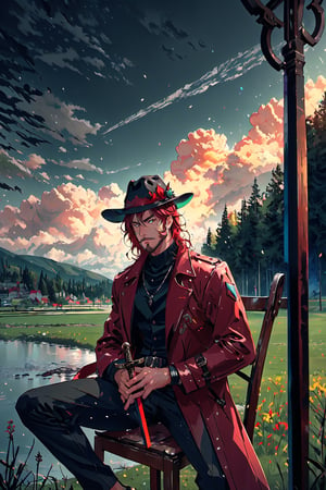 A portrait of a handsome man in slick collared red armored trenchcoat , wearing a red fedora, neck-length wavy hair , 25 years old of age , full beard  , he is sitting on a chair in the middle of a green beautiful meadow , blue sky with huge cloud in the background, low light, highly detailed, 8k,  serious face expression, red right eye and green left eye, wearing a thin black turtleneck , reddish hair ,blend, torso shot, bokeh, (hdr:1.4), high contrast, cinematic ,The Dark Huntsman ,weapon,ryanBS_soul3142,black steel cane , blue lightning ,sword on the back , heterochromia ,