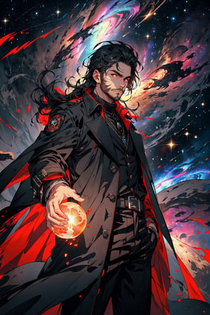 (masterpiece), long wavy black hair , red eyes, thin beard, turtleneck , slick collared trench coats with galaxies within it, black glove , black fedora , 25 years old of age, serious face expression , starlight coming out of his hands ,  Interstellar, nebula lounge , vivid, cinematic lighting , flying in the space , galaxies inside his coat tails , he controls the power of starts and galaxies with him , several planets and galaxy in the backgrounds , 